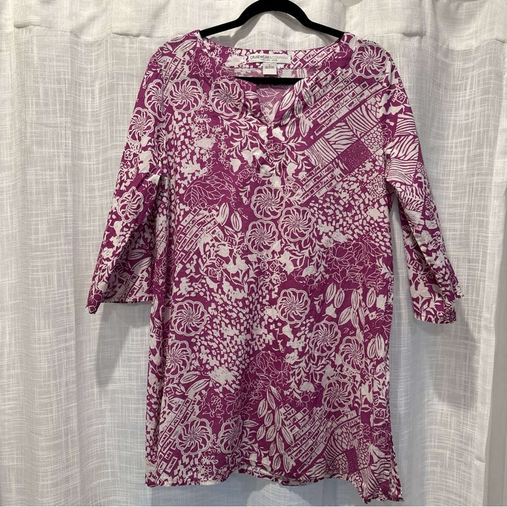 CruiseWear & Company Womens Tunic Swim Coverup Paisley Floral Pink L 3/4 Sleeve